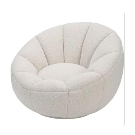 Stylish oversized lounge chair featuring a round design, wrapped in luxurious Bouclé fabric for comfort and elegance, complete with a swivel base for added functionality. This glam armchair brings a playful, luxurious touch to your living room or bedroom Ottomans & Poufs Furniture Shell Chair Living Room, Fuzzy Chairs For Bedroom, Reading Chairs Comfy, Bedroom Ottomans, Comfy Bedroom Chair, Cloud Chair, Cuarto Aesthetic, White Lounge Chair, Lounge Chair Bedroom