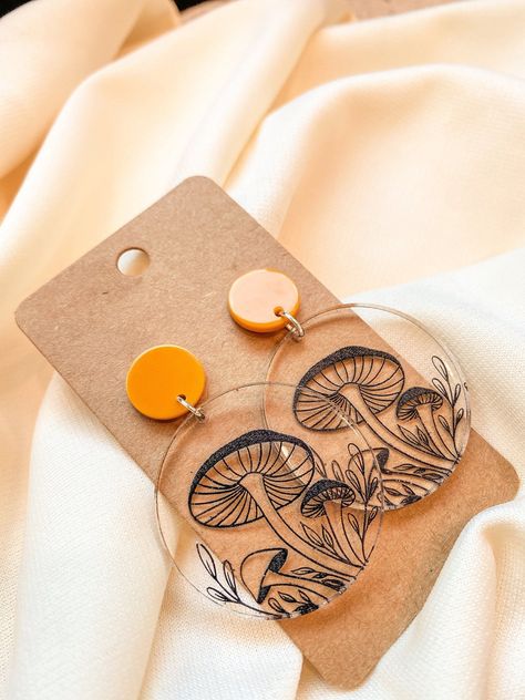 Glowforge Earrings Acrylic, Clear Acrylic Earrings, Acrylic Laser Cut Earrings, Laser Cut Acrylic Earrings, Laser Engraving Ideas Acrylics, Laser Cut Acrylic Ideas, Acrylic Laser Projects, Laser Cut Earrings Acrylics, Acrylic Mushroom