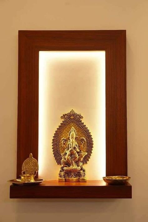 Hanging Altar At Home, Wall Pooja Unit, Wall Hanging Temple Design For Home, Wall Hanging Mandir Design, Light Panels Wall, Puja Unit Design, Puja Unit, Wooden Door Ideas, Wooden Partition