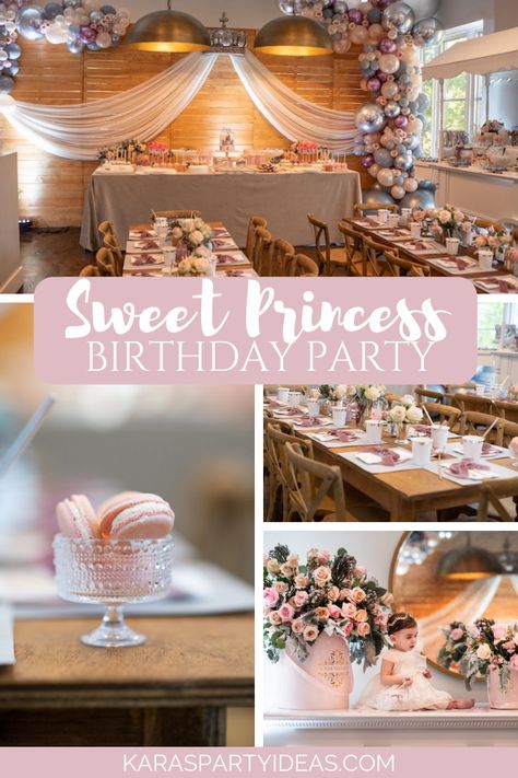 Sweet Princess Birthday Party via Kara's Party Ideas - KarasPartyIdeas.com Ballroom Birthday Party, Royal Themed Birthday Party, Rustic Wood Tables, Princess Birthday Party Food, Watercolor Castle, Princess Food, Castle Birthday, Prince Birthday Party, Princess Theme Birthday Party