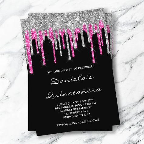 $2.80 | Silver Hot Pink Glitter Drips Black Quincea�era #elegant, sparkle, birthday, black, sparkly, quincinera, girly glam, silver glitter drips, hot pink, fuchsia Sweet Sixteen Party Themes, Sweet 16 Party Decorations, Sparkle Birthday, Sweet 16 Themes, 40th Birthday Party Decorations, Hot Pink Glitter, Silver Invitation, Gold Foil Invitation, Pink Birthday Cakes