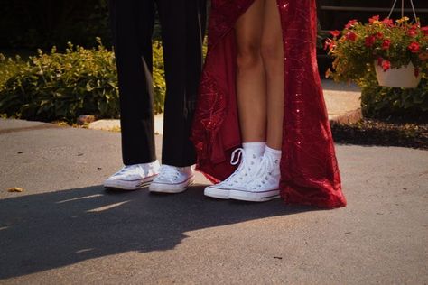 Red Prom Dress With Sneakers, Sneaker Prom Outfit, Prom Outfits With Sneakers, Prom Dresses With Tennis Shoes, Sneakers At Prom, Prom Dress With Converse High Tops, Homecoming Shoe Ideas, Prom Dance Aesthetic Couple, Homecoming Dresses With Converse