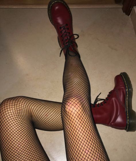 Fishnets Aesthetic Grunge, Red Docs Aesthetic, Docs And Fishnets, Fish Nets Aesthetic, Fishnet Doc Martens Outfit, Red Doc Martens Aesthetic, Dark Red Doc Martens, Red Martens Outfit, Pale Grunge Aesthetic Outfit