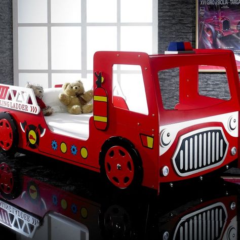 Boys red fire engine bed Handmade Bed Frame, Boys Room Furniture, Oak Bunk Beds, Princess Carriage Bed, Grandkids Playroom, Fire Truck Bedroom, Firetruck Bed, Play Village, Boys Playhouse