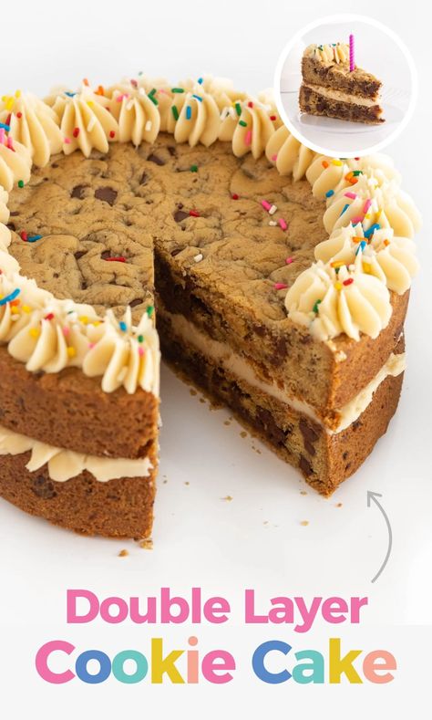 The best thick, chewy, and easy chocolate chip layered cookie cake! Includes vanilla buttercream recipe & decorating tips! Double Layer Cookie Cake, Sheet Cookies Recipe, Stacked Cookie Cake, Layer Cookie Cake, Layered Cookie Cake, Cookie Cake Decorating Ideas, Vanilla Buttercream Recipe, Homemade Cookie Cakes, Chocolate Chip Cookie Cake Recipe