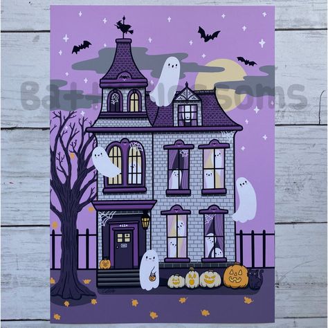 All Hallow’s Eve Print – Batty Blossoms Cute Haunted House Drawing, Haunted House Painting Ideas, Haunted House Doodle, Halloween House Drawing, Spooky House Drawing, Painting Haunted House, Haunted House Painting, Old Haunted House, Haunted House Art