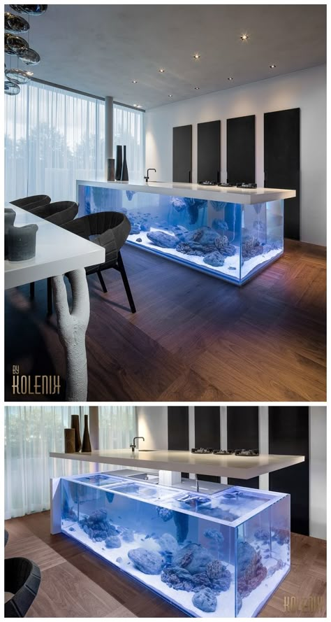 Ocean Kitchen and Aquarium by Robert Kolenik Beautiful Kitchen Cabinets, Aquarium Setup, Home Aquarium, Aquarium Design, Luxury Kitchen Design, Kitchen Doors, Design Del Prodotto, Luxury Kitchens, Kitchen Window