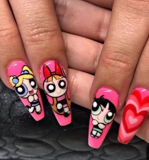 POWER PUFF GIRLS Burgendy Nails, Magenta Nails, 90s Nails, Girls Nail Designs, Bridesmaids Nails, Mauve Nails, Turquoise Nails, Maroon Nails, Nail Art Disney