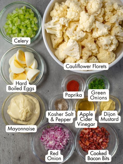 Cauliflower "Potato" Salad (Low Carb & Keto)🥗 - I'd Rather Be A Chef Cauliflower Potato Salad, Salad Low Carb, Low Carb Potatoes, Cauliflower Potatoes Salad, Thanksgiving Menu Ideas Side Dishes, Cucumber Diet, Low Cholesterol Recipes, Thanksgiving Menu Ideas, Thanksgiving Dinner Menu