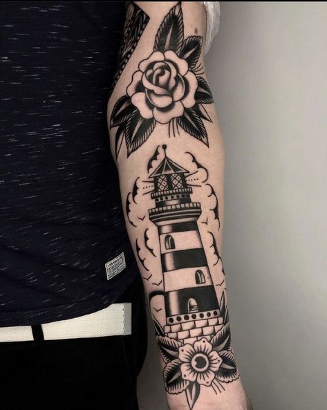 Lighthouse Tattoo Ideas, Traditional Nautical Tattoo, Traditional Lighthouse Tattoo, Bioshock Tattoo, Lighthouse Tattoos, Nautical Tattoo Sleeve, Mangas Tattoo, Left Arm Tattoos, Traditional Tattoo Inspiration