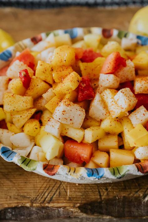 Spring Fruit Salad with Tajín Spring Fruit Salad, Mexican Fruit Salad, Southwest Food, Mexican Fruit Salads, Spicy Fruit, Mexican Fruit, Mexican Party Food, Southwest Recipes, Dressing For Fruit Salad