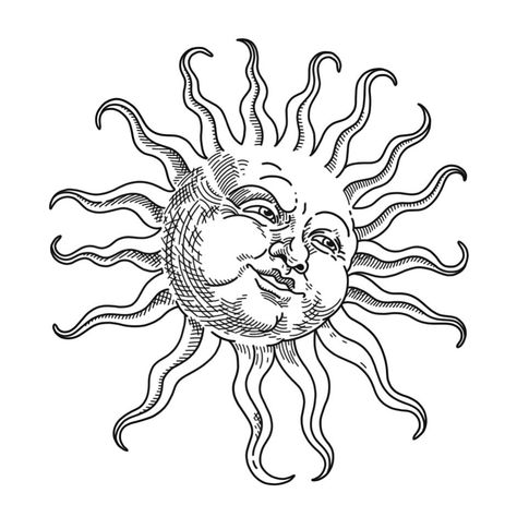 Medieval Sun Illustrations, Monster High Tattoo, Sun Engraving, Medieval Sun, Sun Sketch, Drawing Sun, Optical Illusion Tattoos, Illusion Tattoos, Medieval Drawings