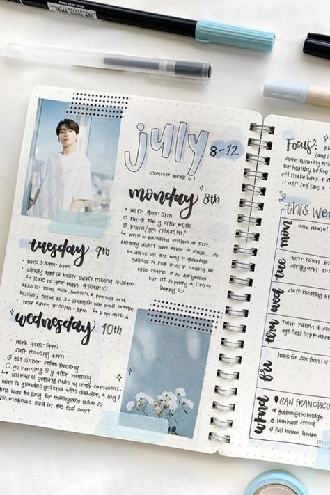 Check out the best blue themed bullet journal spreads and layouts for inspiration! #bujo #bulletjournal #bujotheme #bujolayout Album Photo Voyage, Journal Weekly Layout, Color Scheme Ideas, Bullet Journal Spreads, Bullet Journal Cover Ideas, Good Lighting, Journal Spreads, Bullet Journal Aesthetic, Bullet Journal Notebook