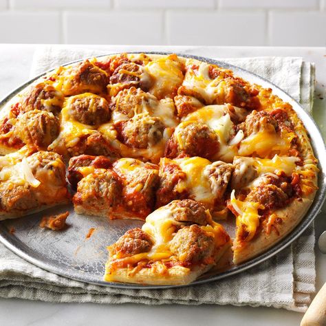 Meatball Pizza Meatball Pizza Recipes, Frozen Meatball Recipes, Meatball Pizza, Frozen Meatballs, Homemade Dough, Tossed Salad, Delicious Pizza, Pizza Hut, Meatball Recipes