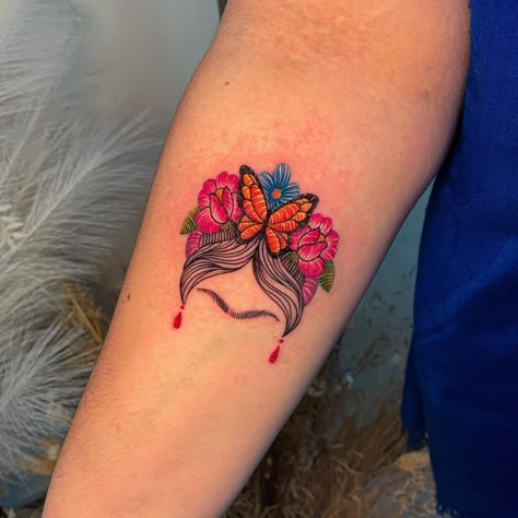 Coco Inspired Tattoos, Small Frida Kahlo Tattoo, Made In Mexico Tattoo, Mexican Heritage Tattoos For Women, Mexican Flower Tattoo, Mexican Embroidery Tattoo, Small Mexican Tattoo, Mexican Heritage Tattoos, Frida Kahlo Tattoo