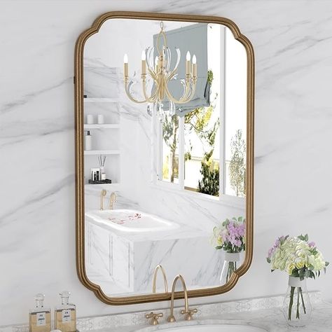 Amazon.com: Ferytange Gold Bathroom Mirror for Wall 20" x 30" Modern Rounded Corner Rectangle Mirror with Non-Rusting Iron Metal Framed Bathroom Vanity Mirror for Over Sink Wall Decor(Horizontal/Vertical) : Home & Kitchen Over Sink Wall Decor, Sink Wall Decor, Over Sink, Gold Bathroom, Rectangle Mirror, Wall Mounted Mirror, Bathroom Vanity Mirror, Vanity Mirror, Metal Frame