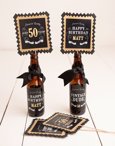 50th Birthday Centerpiece, Beer Labels, Milestone Birthday Decorations, Vintage Dude, Adult Birthday Party Decor, Aged To Perfection Festa Jack Daniels, 60th Birthday Centerpieces, Manly Party Decorations, 50th Birthday Party Ideas For Men, 50th Birthday Centerpieces, Vintage Party Decorations, Birthday Party Decorations For Adults, Vintage Birthday Parties, 50th Birthday Party Decorations