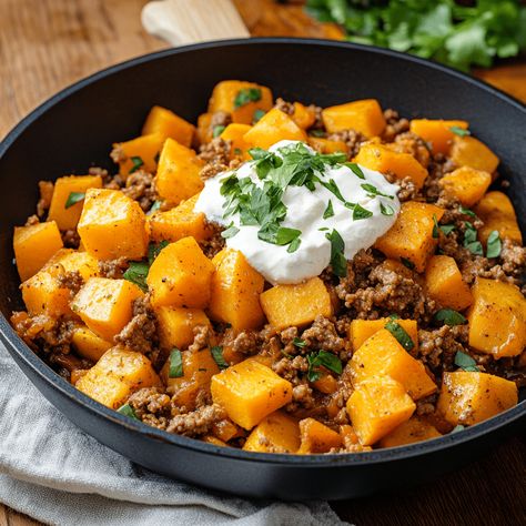 Ground Beef and Sweet Potatoes Skillet Recipe - emiliarecipes.com Hamburger Meat And Sweet Potato Recipes, Ground Beef Sweet Potato Recipes, Ground Beef And Sweet Potato Recipes, Sweet Potato Skillet Recipes, Potatoes Skillet, Creamed Beef, Cooking With Ground Beef, Yams Recipe, Sweet Potato Skillet