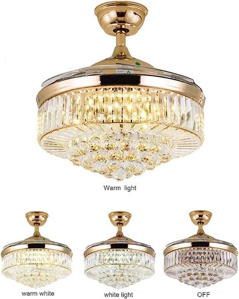 US DELIVER Modern Dimmable Fandelier Crystal Ceiling Fan with Lights and Remote Invisible Retractable Chandelier Fan Light LED Lighting-Polished Chrome 36" - - Amazon.com Crystal Ceiling Fan, Ceiling Fan With Lights, Chandelier Fan, Ceiling Fan Light, Led Ceiling Fan, Modern Ceiling Fan, Ceiling Fan Chandelier, Fan Lamp, Gold Chandelier