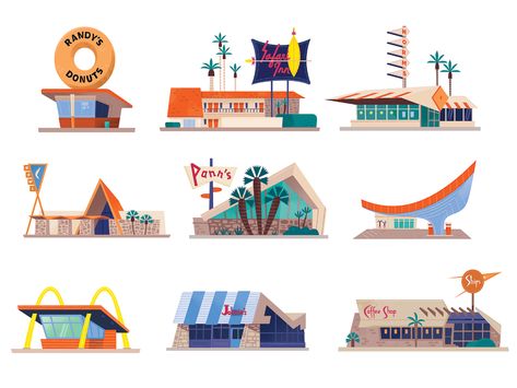 Googie Icons by Alexander Vidal on Dribbble Googie Design, Atomic Age Design, Googie Architecture, Mid Century Illustration, Mid Century Architecture, Atomic Age, Mid Century Art, Mid Century Modern Art, Bathtubs