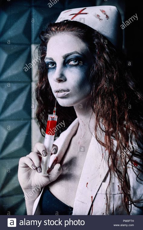 Download this stock image: Horror shot: the scary evil nurse (doctor) with bloody syringe in hand. Zombie woman (living dead). Grunge texture effect - PM0FTH from Alamy's library of millions of high resolution stock photos, illustrations and vectors. Evil Nurse Makeup, Halloween Murderers Makeup, Scary Nurse Costume Makeup, Scary Doctor, Sfx Makeup Horror Zombies, Evil Nurse, Scary Nurse Costume, Zombie Doctor, Horror Nurse