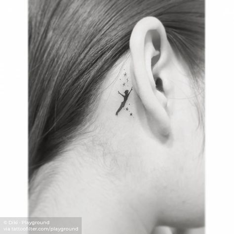 Peter Pan tattoo behind the right ear. Peter Pan Ear Tattoo, Peter Pan Behind The Ear Tattoo, Behind The Ear Tattoo Ideas Disney, Disney Ear Tattoo, Peter Pan Tattoo Ideas, Disney Tattoos Peter Pan, Peter Pan Tattoos, Pan Tattoo, Tattoo Fairy