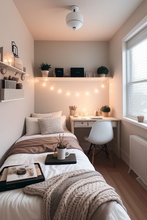 #homedecor #roomdecor #roominspo #roomidea Cosy Single Bedroom Ideas, Mini Bedroom Aesthetic, Cute Uni Accomodation, Uni Bedroom Decor, Student Accommodation Room Ideas, Small Bedroom Setup, Uni Dorm Ideas, Room Decor Bedroom Rose Gold, Box Room Bedroom Ideas