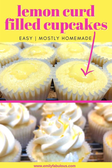 Filled Cupcakes Easy, Lemon Filled Cupcakes, Boozy Cupcakes Recipes, Moist Cupcake Recipes, Lemon Curd Dessert, Lemon Curd Cupcakes, Delicious Lemon Desserts, Cream Filled Cupcakes, Lemon Cupcake Recipe