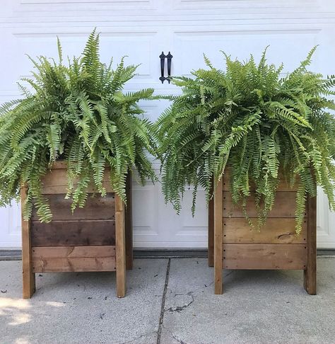 Custom Planter Boxes, Diy Front Door Planter Boxes, Front Step Planters Entrance, Planter Inspo Outdoor, Diy Tall Wood Planter, Wooden Outdoor Planters, Large Flower Planters Outdoor, Planters On Side Of House, Flower Planters In Front Of House