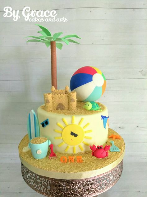 Beach Ball Birthday Cake, Pool Party Smash Cake, Beach Birthday Party Cake, Summer Bday Cake, Beach Theme Cake For Kids, Beachball Cake, Pool Party Cake Ideas Boys, Summer Holiday Cake, Summer Theme Cake