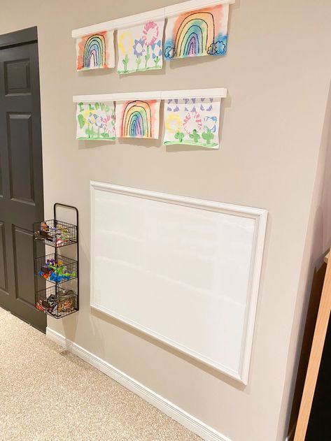 Unfinished Basement Playroom, Kids Playroom Basement, Toy Storage Shelves, Playroom Shelves, Kid's Playroom, Whiteboard Wall, Baby Playroom, Basement Playroom, Hexagon Shelves