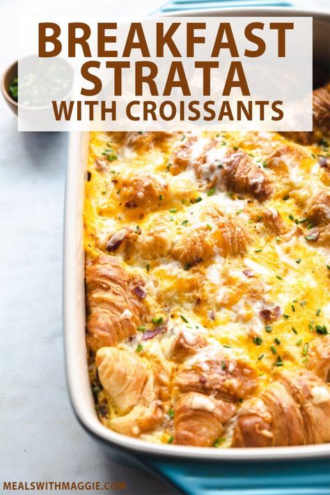 Breakfast Recipes With Croissants, Breakfast Croissants, Strata Recipes Breakfast, Croissant Breakfast Casserole, Strata Recipes, Breakfast Strata, Baked Breakfast, Ns 200, Croissant Breakfast