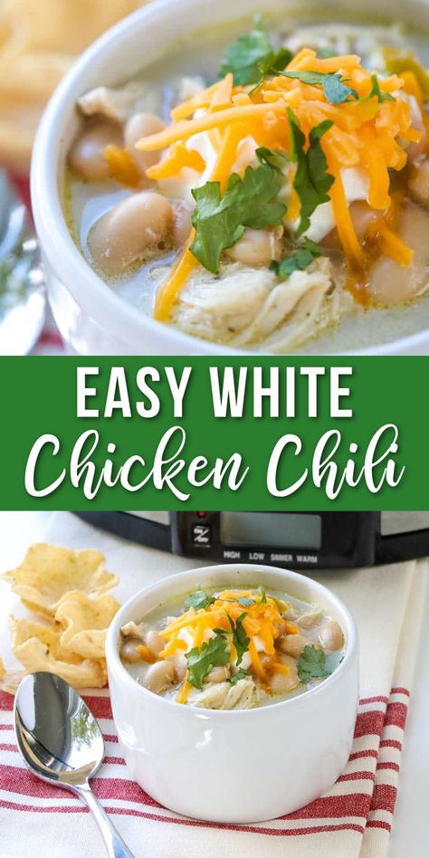 white chicken chili in a bowl White Chicken Chili Crockpot Recipes Easy, Crockpot Creamy White Chicken Chili, Easy White Chicken Chili 5 Ingredient, Easy White Chicken Chili Recipe Stovetop, Whitechickenchili Easy, Crock Pot White Chicken Chili Easy, White Chicken Chili In Crockpot, White Chicken Chili Slow Cooker Easy, White Chicken Chili Slow Cooker Easy Crock Pot