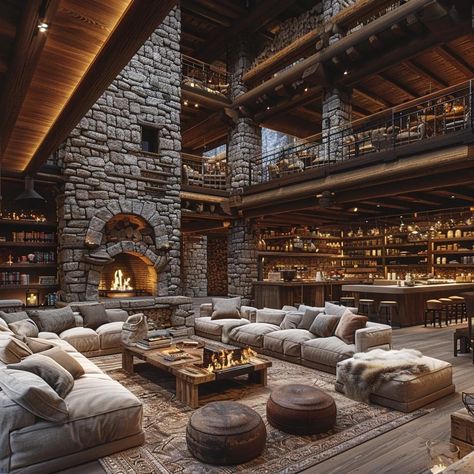 Cabin Mansion Interior, Cozy Mansion, Lodge Great Room, Log Living Room, Farm Mansion, Lodge Family Room, Giant Living Room, Rustic Mansion, Huge Fireplace