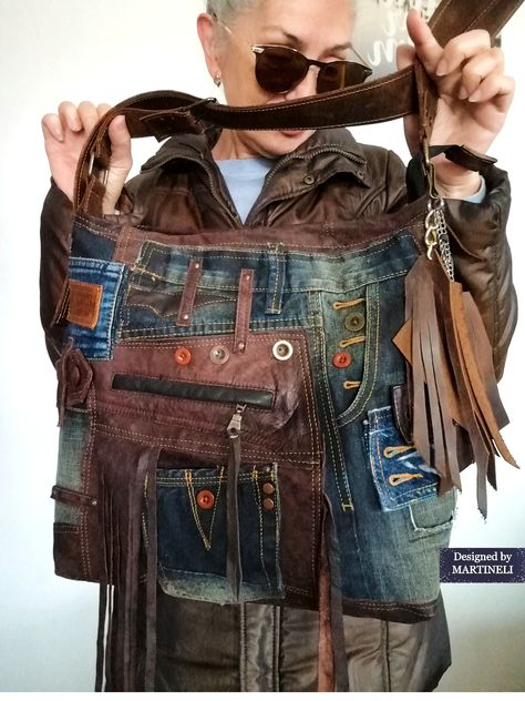 Large Leather Shoulder Bag Brown Leathe and Denim Tote Bag Grunge Style – MARTINELI2 Leather And Denim Bag, Grunge Purse, Denim Patchwork Bag, Denim Crossbody Bag, Upcycled Tote, Leather And Denim, Reworked Clothes, Recycled Jeans Bag, Gothic Bag