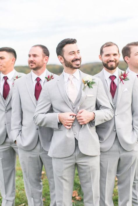 Fall Groomsmen, Gray Groomsmen Suits, Groomsmen Outfit, Wedding Groomsmen Attire, Groomsmen Grey, Groom Wedding Attire, Light Grey Suits, Groomsmen Outfits, Maroon Wedding