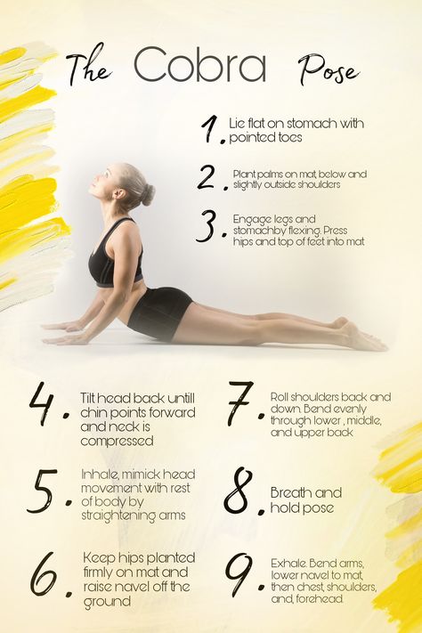 Instructions of how to do a cobra yoga pose in 9 steps Cobra Pose Yoga Benefits, Cobra Pose Benefits, Yoga Cues, Pose Tutorial, Cobra Pose Yoga, Leg And Ab Workout, Yoga Inspiration Photos, Mom Yoga, Hip Opening Yoga