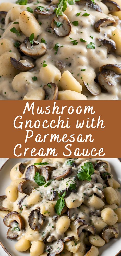 Mushroom Gnocchi with Parmesan Cream Sauce Recipe | Cheff Recipes Mushroom Sauce For Gnocchi, Gnocchi Recipes With Mushrooms, Gnocchi Parmesan Cream Sauce, Gnocchi Parmesan Sauce, Authentic Gnocchi Recipes, Mushroom And Gnocchi Recipes, Gnocchi And Mushroom Recipes, Vegetarian Gnocchi Dishes, Cream Sauce For Gnocchi