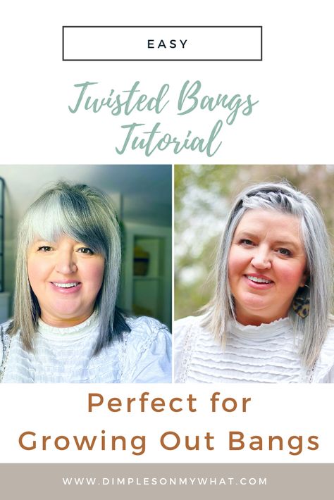 A Twisted Bangs Tutorial for Short Bangs - dimplesonmywhat Hair Styles When Growing Out Bangs, Bangs Hacks Hair Tricks, Easy Hairstyles For Medium Hair With Bangs, Growing Out Bangs Hairstyles Over 50, How To Pull Back Bangs, Too Short Bangs, Styling Short Bangs, Ways To Pin Back Bangs, How To Style Short Bangs