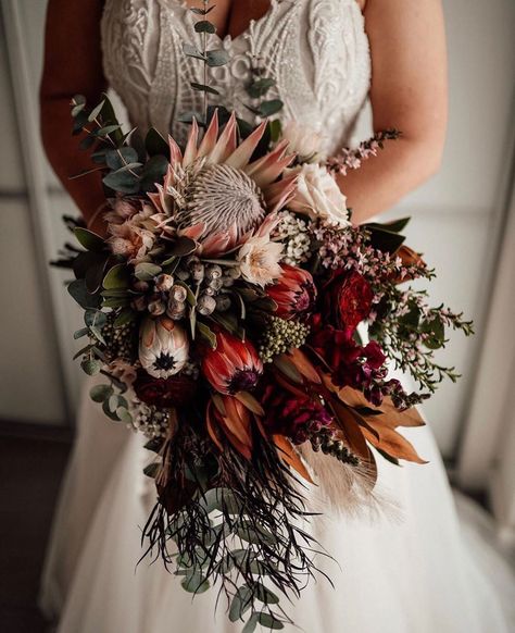 @piccolo_pear on Instagram: “We love a native bouquet! . Loved working with @maddenandcoevents on this stunner wedding 😍 . . Image: @brookebirophotography . .…” Dried Native Bouquet, Dried Protea Bouquet, Native Wedding Bouquet, Protea Bouquet Wedding, Marsala Wedding Bouquet, Flower Bouquet Burgundy, King Protea Bouquet, Bouquet For Bridesmaids, Ceremony Outfit