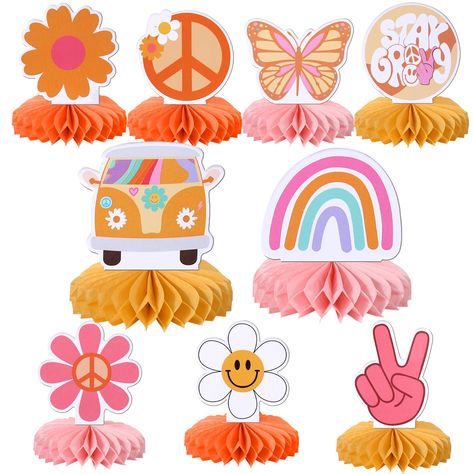 Hand Butterfly, Honeycomb Table, Two Groovy, Carnival Birthday Party, Peace Sign Hand, Hippie Party, 60s Retro, Carnival Birthday, Table Toppers