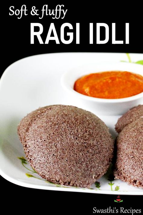 Soft & fluffy ragi idli made with fermented finger millets & urad dal batter. These are best served hot with chutney or sambar. Ragi Recipes Indian, Ragi Recipes Breakfast, Millets Recipes Indian, Ragi Recipe, Ragi Idli Recipe, Veg Breakfast Recipes Indian, Millet Recipes Breakfast, Idli Recipes, Veg Breakfast Recipes