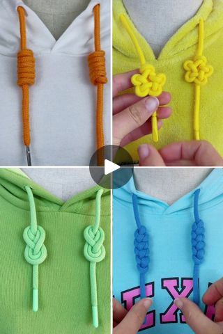 Hoodie Knots ideas | clothing hacks, DIY Ideas | How to tie hoodie strings -How to tie easy knot pattern | By Art & Craft | Hello everyone, welcome back to our Facebook page. So take a lace and then roll it like this around it and then fix it in the between. Now pull it from the side again and put the lace from the down side and then put it in the next step in the upper side like this. Repeat the process for few more times in the same manner for five to seven times like this and put the lace in the same manner as shown in the video at the end. Pull it out like this and your lace is done. Next you have to take a lace. Roll it around the pencil like this. Fold it for few more time Now remove the pencil. Now put the lace in the between from the upper side and then pull it out from the downsid How To Tie Laces On Hoodies, 7 Hole Shoe Lace Patterns, Hoodie Lace Knot, Hoodie Knots Diy, How To Tie Sweatshirt Strings, Hoodie Tie Knots, Hoodie String Ideas, How To Tie Hoodie Strings, Hoodie String Knots Step By Step