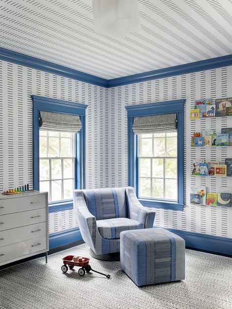 7 Blue Nurseries That Aren’t Pastel Everything | domino Striped Wallpaper Nursery, Long Island City Apartment, Blue Striped Walls, Yellow Playroom, Paint Deck, Fine Paints Of Europe, Kids Room Ideas, Stripe Wall, Deck Paint