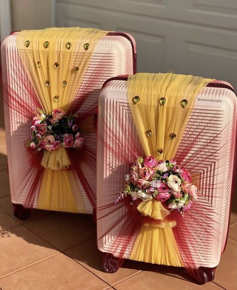 Suitcases wrapped for an engagement Bridal Suitcase Packing, Luggage Gift Wrapping Ideas, Wedding Suitcase Decor, Suitcase Gift Wrapping, Trolly Bag Decoration For Wedding, Packing Ideas For Wedding Men, Luggage Decorating Ideas, Suitcase Decoration Wedding, Suitcase Decor Ideas