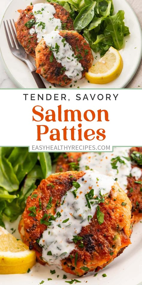 This simple salmon patty recipe is a quick and easy way to use fresh, frozen, leftover, or canned salmon, with delectable results. The creamy lemon-garlic sauce is the perfect compliment to the crisp salmon patties, and this entire recipe can be thrown together in just 10 minutes. Salmon Patties Sandwich, Salmon Recipes For People Who Dont Like Salmon, How To Use Leftover Salmon, Salmon Cutlets Recipes, Salmon Patties Meal Prep, Recipes With Ground Salmon, Lunch Salmon Ideas, Simple Salmon Patties, Salmon Muffin Recipe