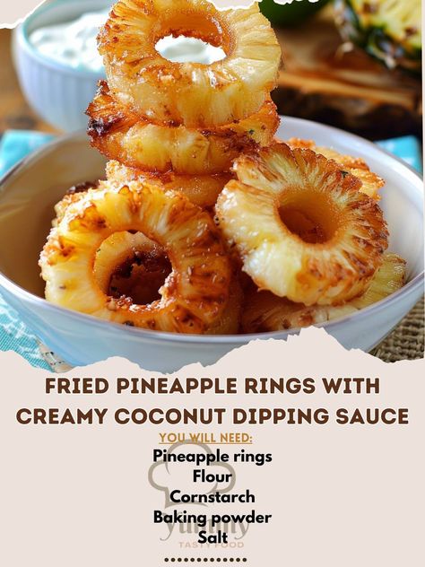 🍍🍴 Try these Fried Pineapple Rings with Creamy Coconut Dipping Sauce! Perfectly sweet and crispy. #TropicalTreat #Yummy Fried Pineapple Rings with Creamy Coconut Dipping Sauce Ingredients: Pineapple rings (1 can, drained) Flour (1 cup) Cornstarch (1/2 cup) Baking powder (1 tsp) Salt (1/2 tsp) Sparkling water (1 cup) Coconut oil (for frying) Coconut yogurt (1 cup) Lime juice (1 tbsp) Honey (1 tbsp) Instructions: Heat coconut oil in a pan over medium heat. Mix flour, cornstarch, baking powd... Fried Pineapple Rings With Creamy Coconut Dipping Sauce, Coconut Dipping Sauce, Coconut Dip, Pineapple Cobbler, Fried Pineapple, Pineapple Desserts, Pineapple Rings, Summer Snacks, Coconut Yogurt