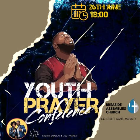 YOUTH PRAYER CONFERENCE FLYER TEMPLATE Youth Conference Flyer, Conference Flyer Design, Conference Poster, Youth Conference, Instagram Template Free, Church Graphic Design, Street Names, Inspirational Posters, Online Ads