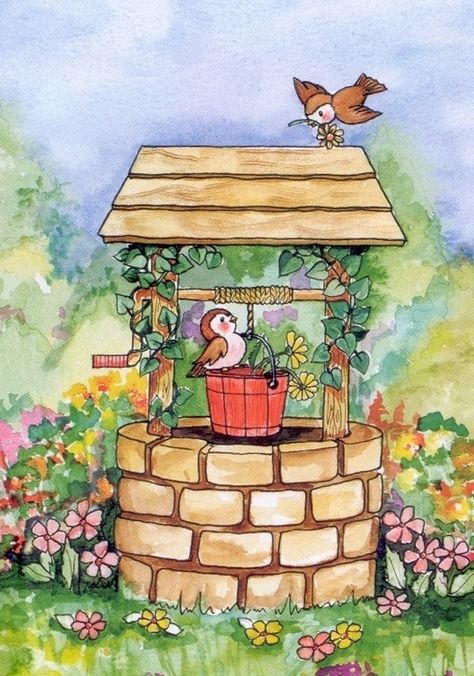 well Well Drawing Easy, Cute Cottage Drawing Simple, Wishing Well Drawing Easy, Wishing Well Drawing Sketch, Well Drawing, Wishing Well Drawing, Whimsical Birdhouses Drawings, House With Garden Drawing, Easy Scenery Drawing