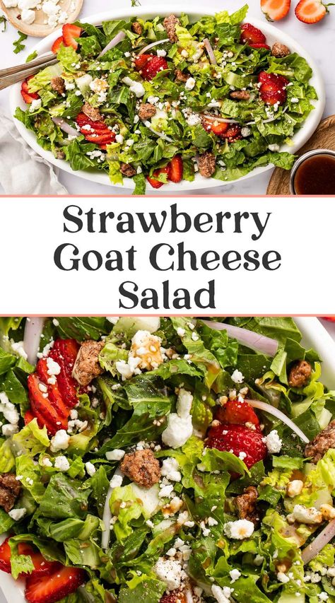 My all-time favorite salad recipe, this strawberry goat cheese salad layers crisp lettuce, sweet strawberries, tangy goat cheese crumbles, crunchy praline pecans, fresh basil, and is topped off with the most delicious balsamic vinaigrette. I make this for many holidays or gatherings every year, and it's requested often. Simple, elegant, fresh, and full of flavor. Strawberry Goat Cheese Salad Recipe, Strawberry Goat Cheese Salad, Strawberry Goat Cheese, Cheese Salad Recipes, Pecan Salad, Beautiful Salad, Strawberry Salad, Goat Cheese Salad, Summer Salad Recipes